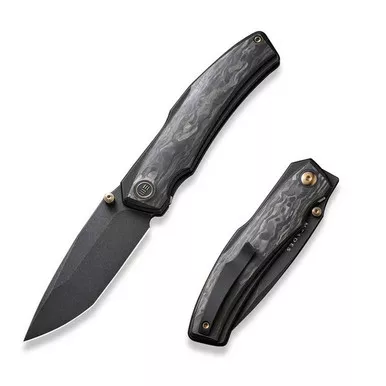 We Knife WE23067-2 Swordfin Front Flipper Folding Knife 3.28" 20CV Tanto Plain Edge Blade, Black Titanium/Shredded Carbon Fiber Handle