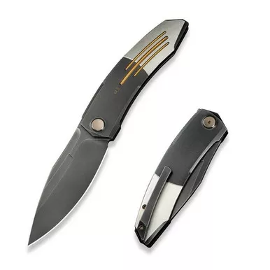 We Knife WE23069B-3 Sine Wave Flipper Folding Knife 3.98" M390 Drop Point Plain Edge Blade, Polished Gray/Gold/Satin Titanium Handle