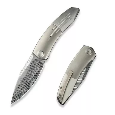 We Knife WE23069B-DS1 Sine Wave Flipper Folding Knife 3.98" Damasteel Drop Point Plain Edge Blade, Polished Satin Titanium Handle