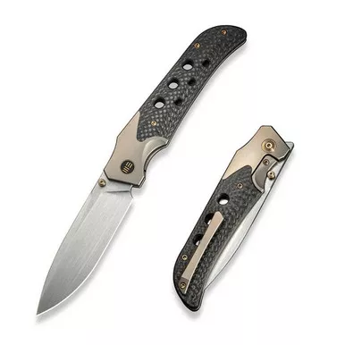 We Knife WE23072B-2 WE-Guthrie Flipper Folding Knife 3.94" 20CV Drop Point Plain Edge Blade, Champagne Titanium/Twill Carbon Fiber Inlay Handle