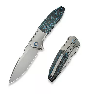 We Knife WE23091-4 Archeozoic Flipper Folding Knife 4.00" M390 Drop Point Plain Edge Blade, Polished Titanium/Arctic Storm Fat Carbon Fiber Handle