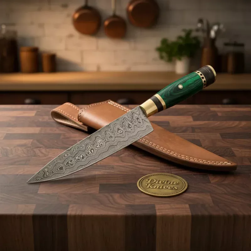 Wenge Handle Chef Knife with Damascus Blade & SheathHandmade Kiritsuke