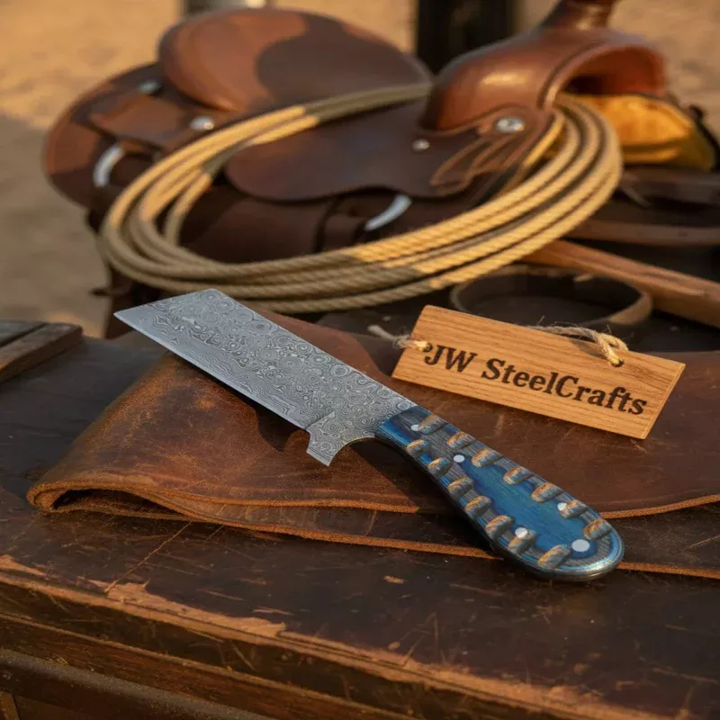 Western Bull Cutter 7 KnifeDamascus Ranch Blade with Blue Stabilized Handle & Sheath