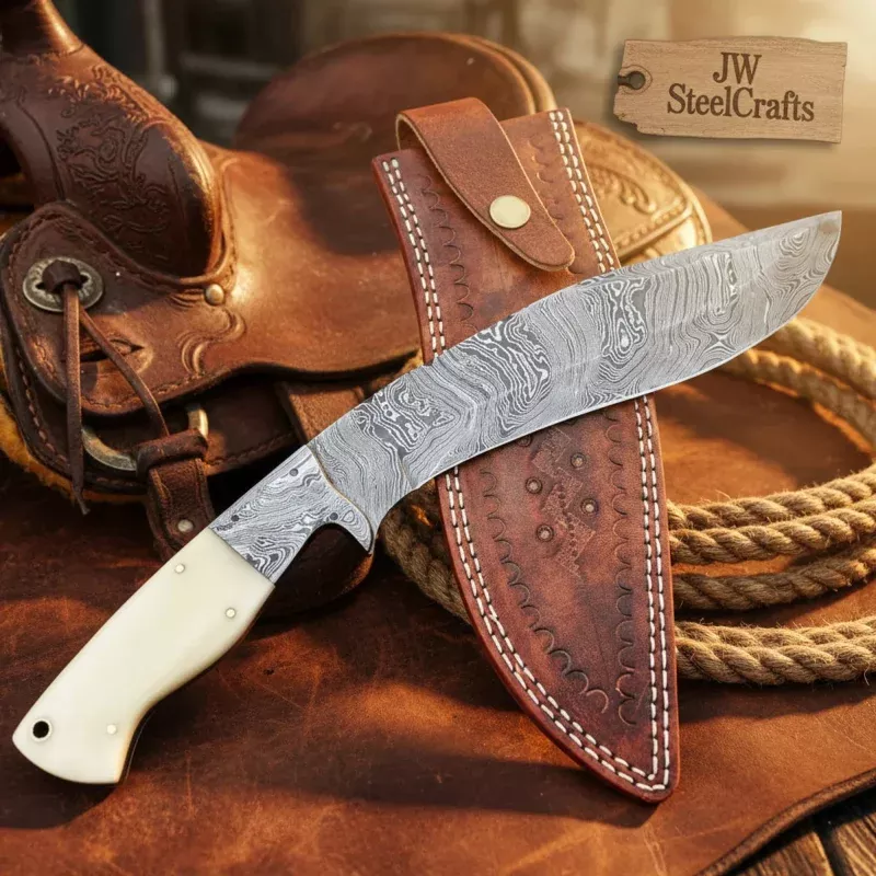 Whitehorn Damascus Kukri Knife 9 Camel Bone Handle with Matching Damascus Bolster