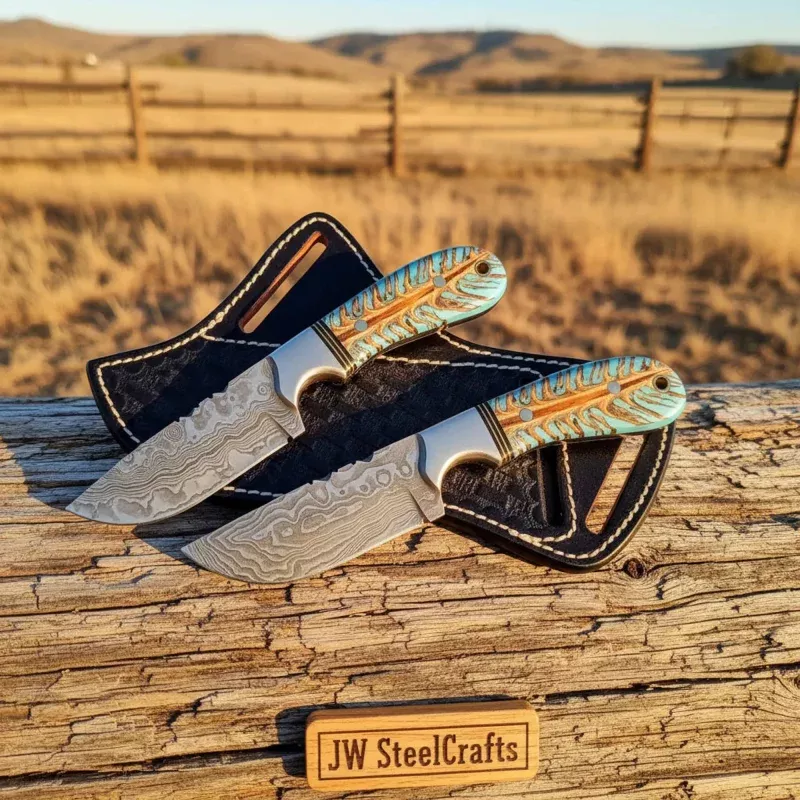 Wildfeather Ranch Knives Set of 2 Pinecone Handle Steel Bolster Full Tang Cross Draw Sheath 7