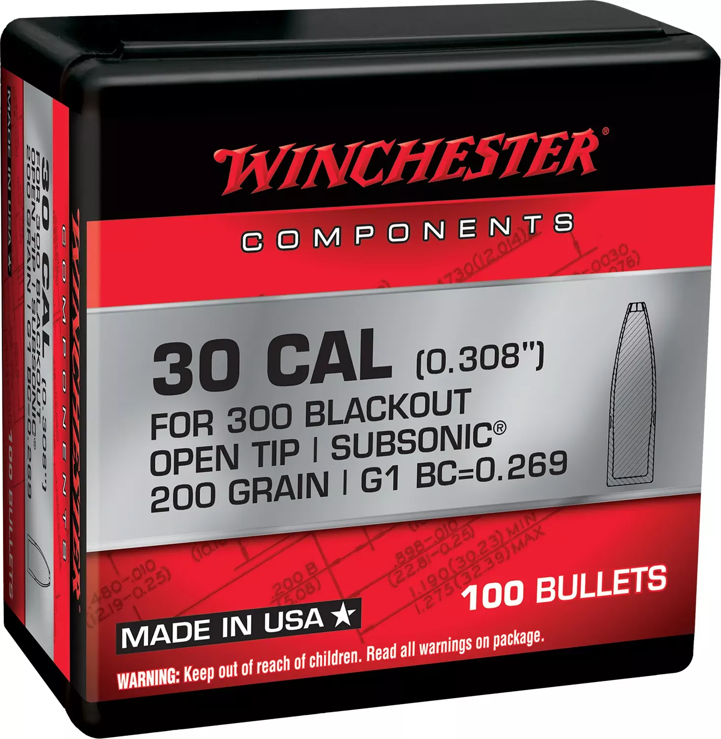 Winchester Ammo 300 Blackout 200gr Open Tip Reloading Bullets 100 Per Box WB300B200X