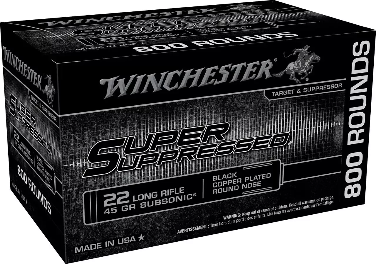 Winchester Ammo Super Suppressed .22 LR Ammo 45 gr Black Copper Plated Round Nose 800 Rounds SUP22LRB