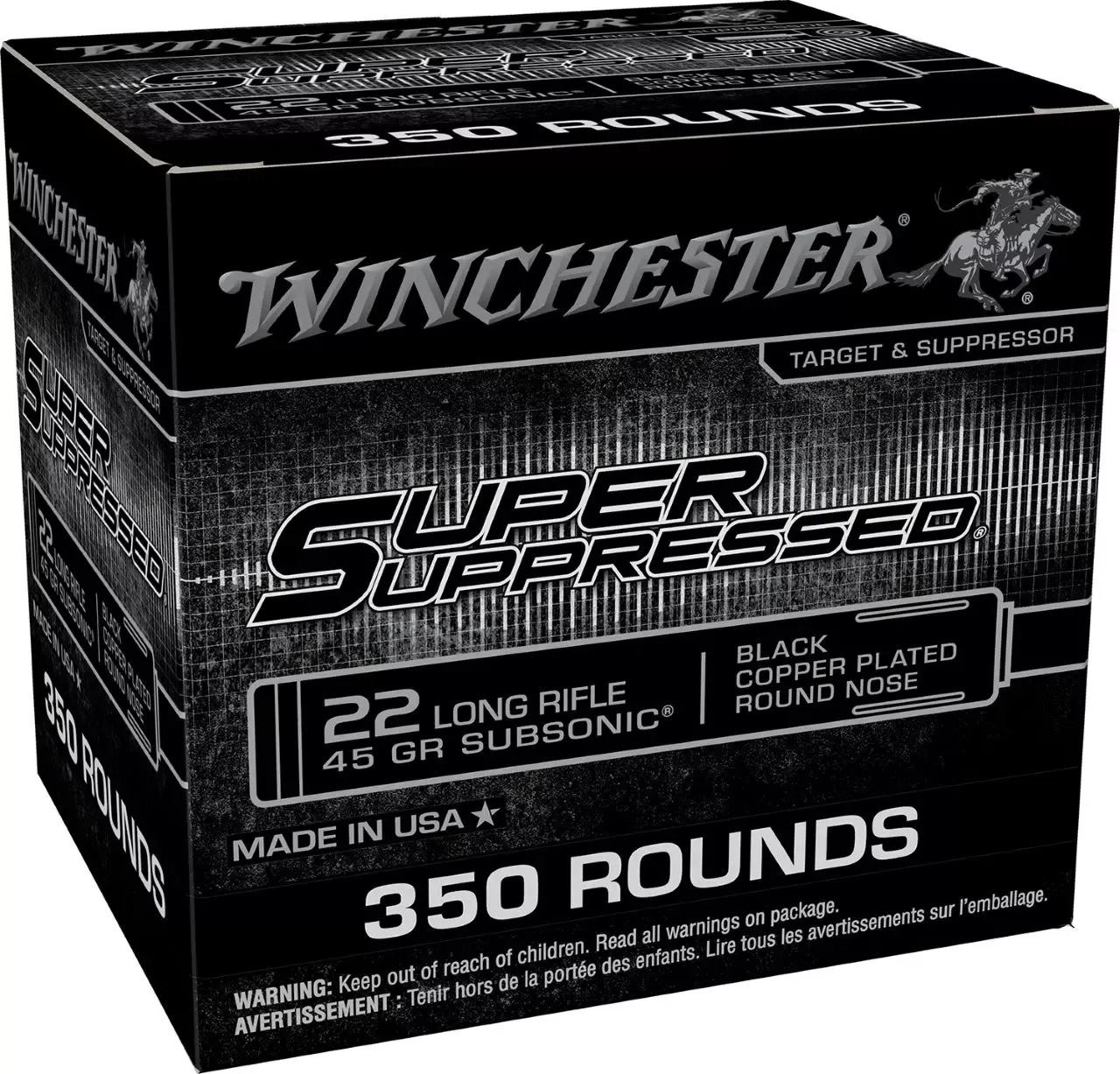 Winchester Ammo Super Suppressed .22 LR Ammo 45 gr Subsonic Black Copper Plated Round Nose 350 Rounds SUP22LRB2