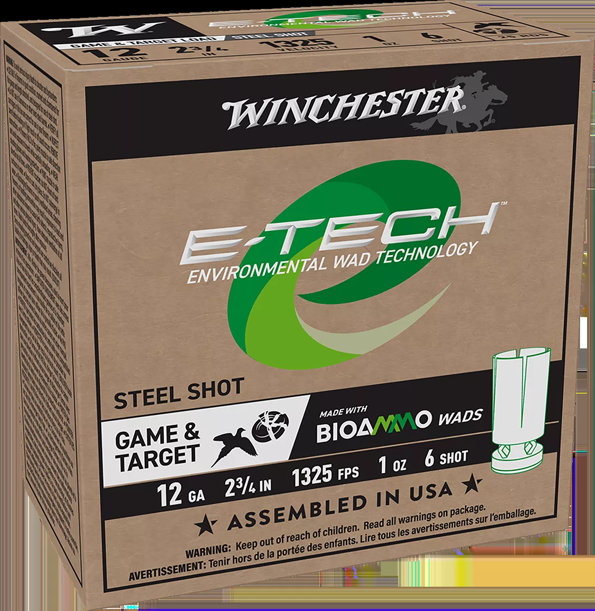 Winchester E-Tech Steel Load Shotshells w/ Biodegradable Wad 12 GA 2.75″ 1 oz #6 Shot 1325 fps 25 Shells Per Box