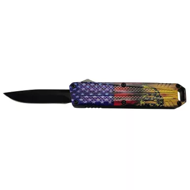 Xcaliber Knife Company Don’t Tread on Me Small 2.75″ OTF Drop Point Plain Black 440C SS Blade, 4.15″ US Flag Aluminum Handle